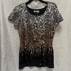 NWOT MANER SILVER  BRONZE SEQUINED EMBELLISHED SHORT SLEEVE TOP SIZE‎ SMALL